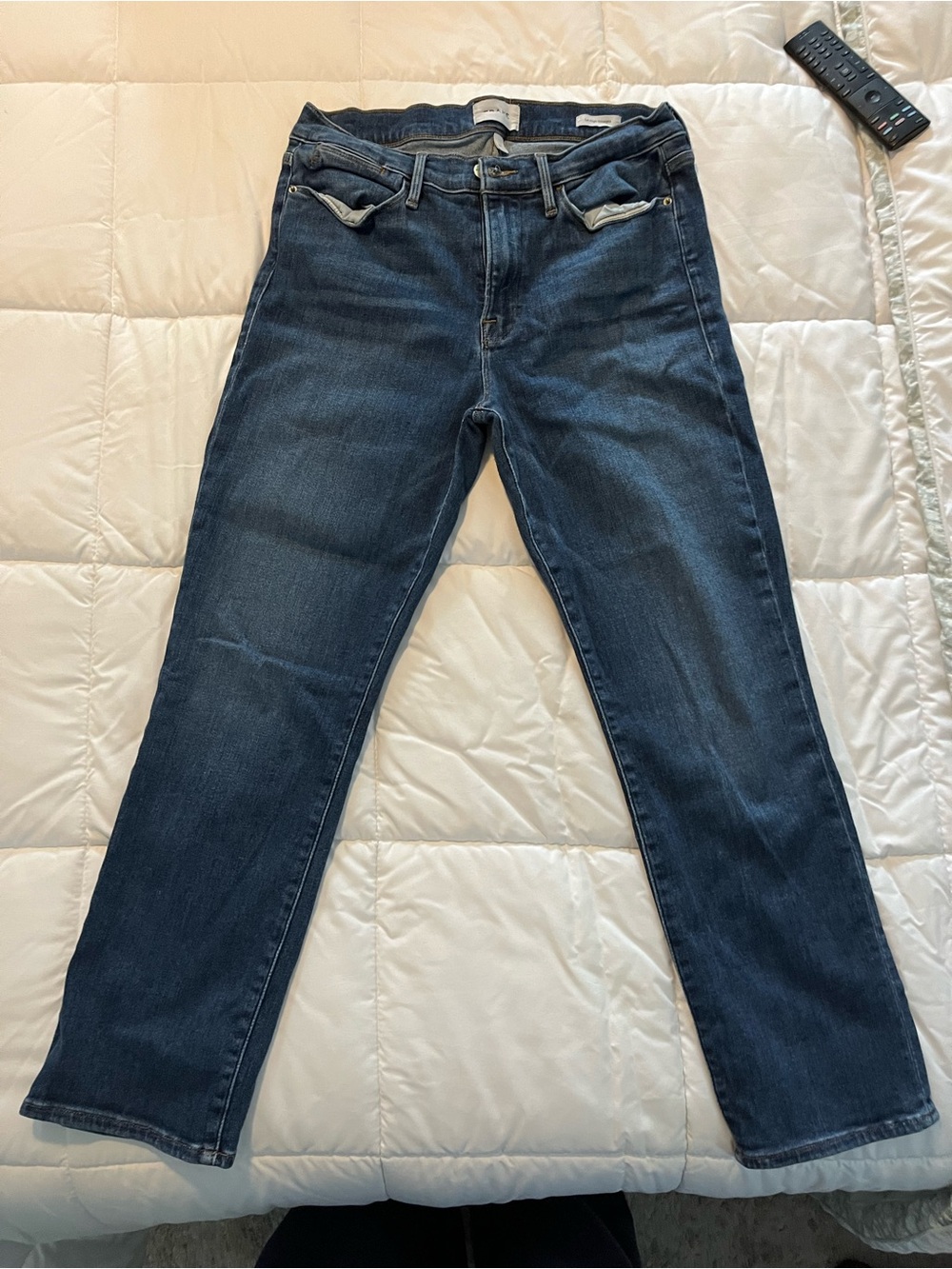 Frame Denim High-Rise Straight Jeans in Dark Blue Wash